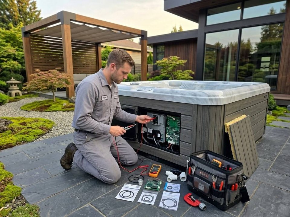 Evan with the bay open — meter on the pack, gaskets and board laid out in order