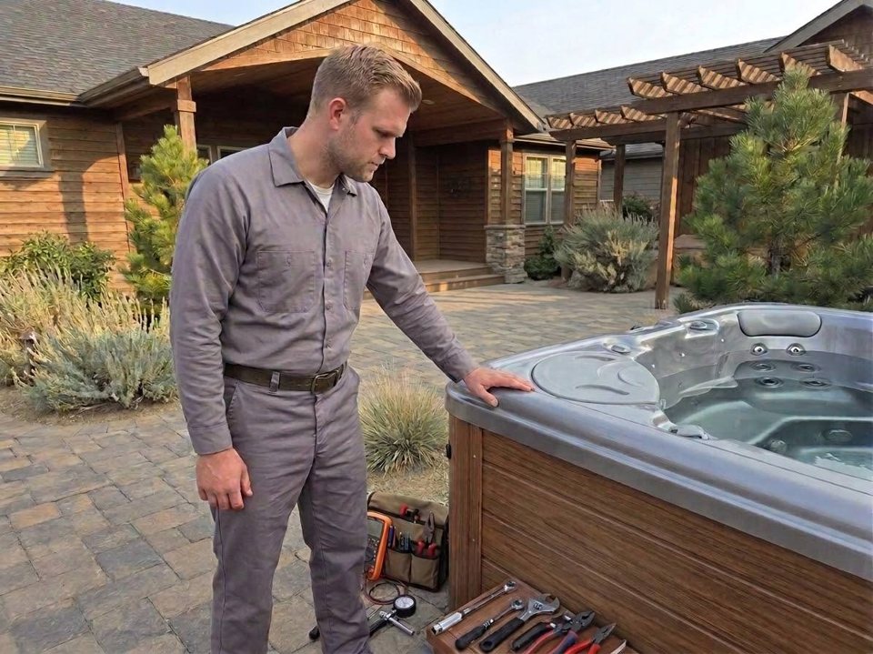 First look at a cedar-skirt tub — the walk-around comes before the wrench